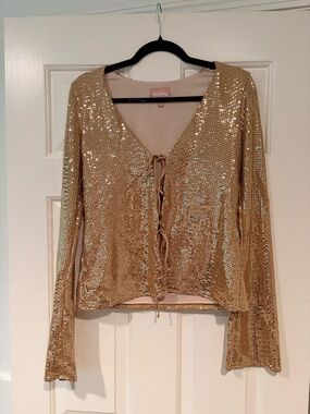 Show Me Your MuMu Gold Sequin Lace-Up V-Neck Top